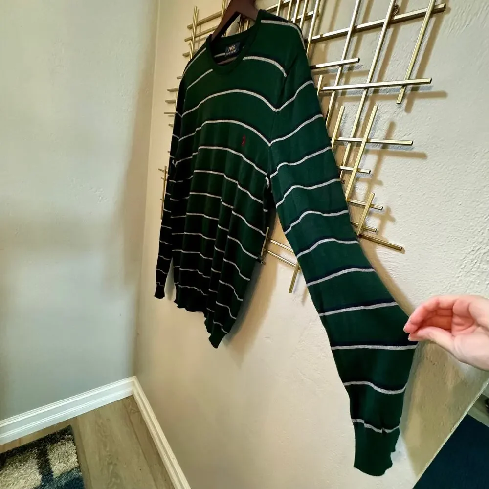 Polo Ralph Lauren Green Striped Pima Cotton Crewneck Sweater M